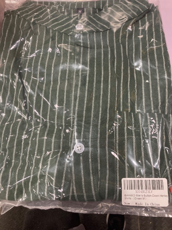 Photo 1 of ?Men's Banded Collar Stripe Shirt, Linen Cotton Mandarin Collar Long Sleeve Button Down Shirts Collarless Tops with Pocket for Casual & Business (Green M)