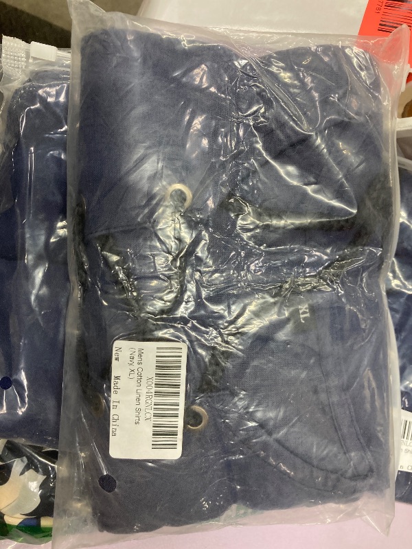 Photo 1 of ?Men's Banded Collar Stripe Shirt, Linen Cotton Mandarin Collar Long Sleeve Button Down Shirts Collarless Tops with Pocket for Casual & Business (Navy XXL)