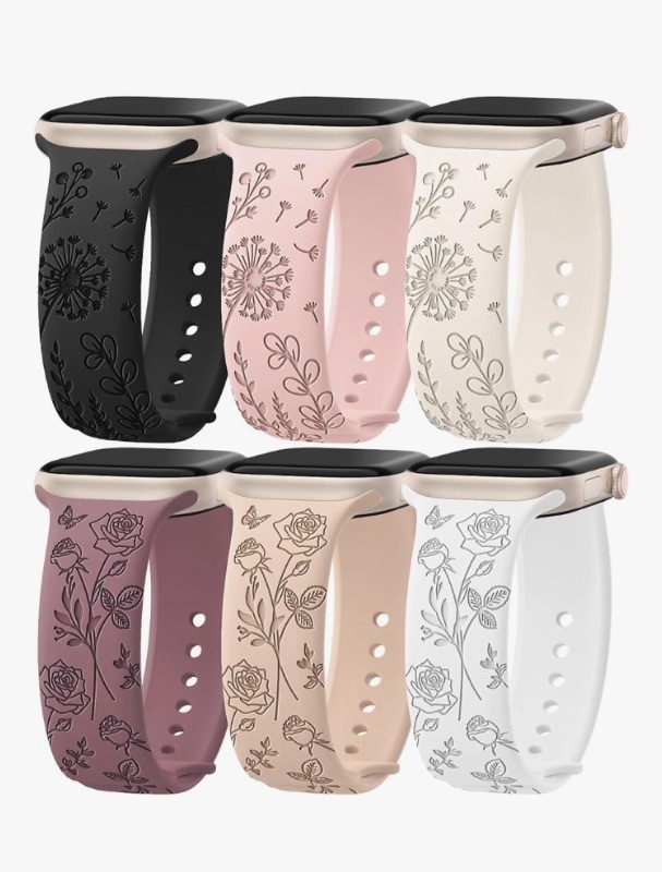 Photo 1 of 6 Pack Floral Engraved Silicone Bands Compatible for Apple Watch Band 38mm 40mm 41mm 42mm 44mm 45mm 46mm 49mm Women,Flower Sport Straps for iWatch Series 10 9 8 se Ultra 7 6 5 4 3 2