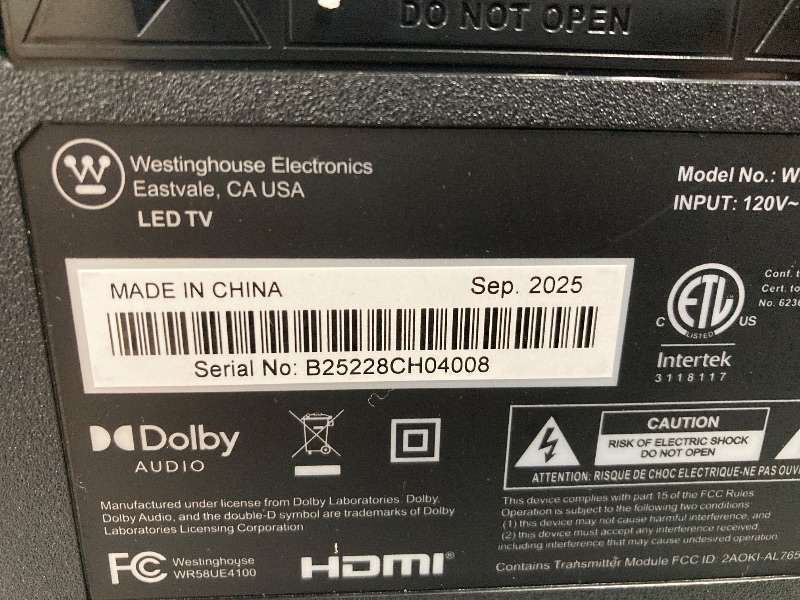 Photo 1 of ***MISSING ACCESSORIES***Westinghouse 58" 4K UHD Roku TV with 3-Year Coverage