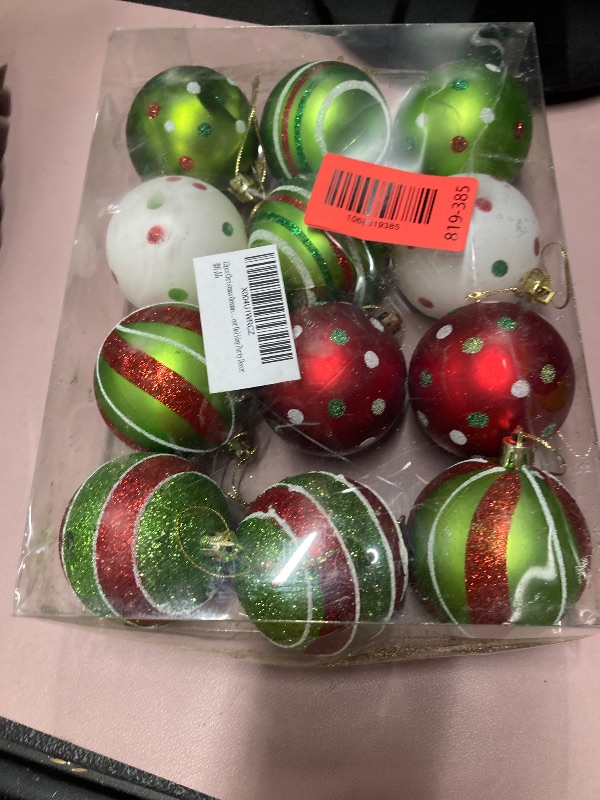 View 2 of 12pcs Christmas Ornaments 2.4 Inch Glittering Red Green Xmas Balls for Tree Decoration, Swirl Candy Cane Elf Design Baubles for Home Indoor Holiday Party Decor