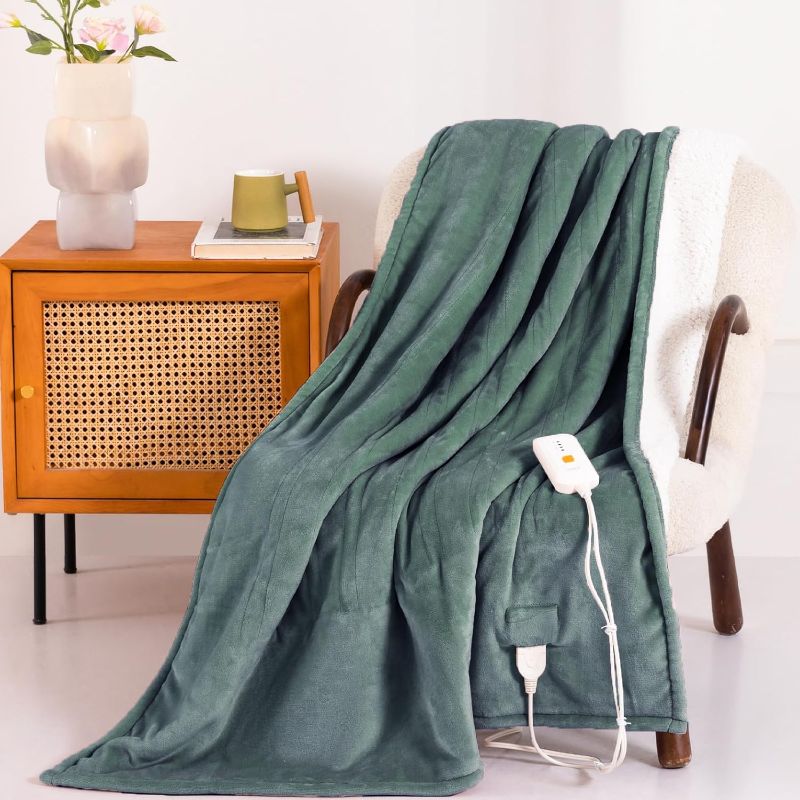 View 2 of **MISSING POWER CORD***Berkshire Blanket Heated Throw Blanket, Grace Fur to Loftmink Reversible Electric Throw with 4 Heat Levels, Fast Heating Printed Throw for Couch and Bed, Auto Shut-Off Feature (50"x60")