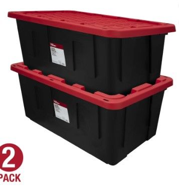 Photo 1 of (Pack of 2) Hyper Tough 40 Gallon Extra Large Storage Bin with Snap Lid, Black and Red, Heavy Duty Plastic Storage Container