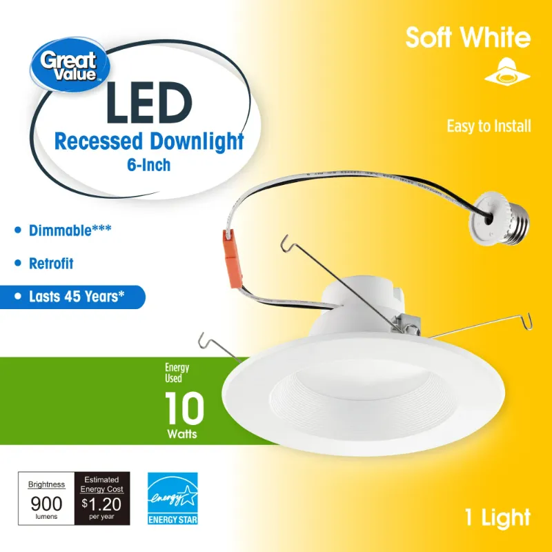 Photo 1 of ***2 Pack***Great Value 6" LED Retrofit Downlight, 10-Watt (65W Replacement) Soft White Dimmable E26 Medium Base