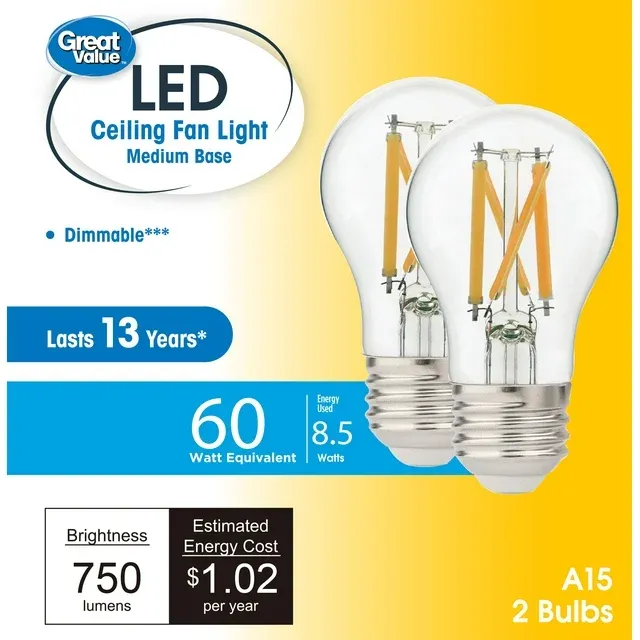 Photo 1 of (2 pack) Great Value A15 LED 8.5W (60W Equivalent) Soft White Ceiling Fan E26 Medium Base Light Bulbs, Dimmable, 2 Pack