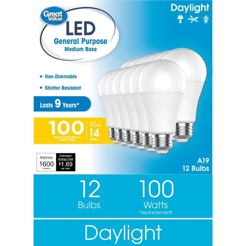 Photo 1 of ***4 PACK TOTAL OF 16 BULBS*** Great Value LED Light Bulbs, 100 Watt Replacement, Daylight, A19 General Purpose Bulbs, 4 pack X4