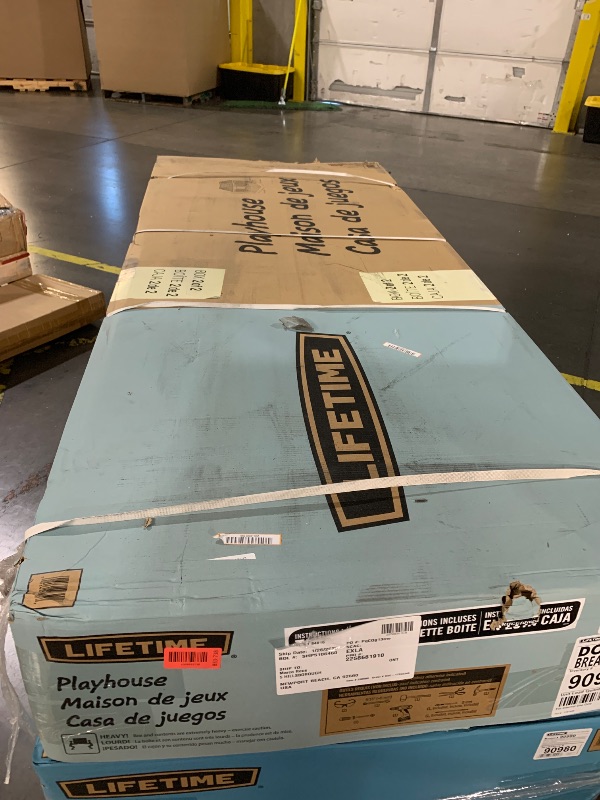 Photo 1 of ***PARTIAL SET - PRICE ADJUSTED*** BOX 2 OUT OF 2
Lifetime Heavy Duty Plastic Outdoor Playhouse, 6ft x 6ft x 7 ft Tall, Beige & Blue