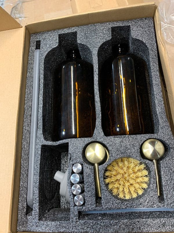Photo 1 of [Luxury] Kitchen Soap Dispenser Set - 16OZ Amber Glass Bottle, Stainless Steel Pump, Instant Dry Tray, Waterproof Labels, Non-Slip Silicone Pad, and Dish Brush | Upgrade for Your Kitchen and Bathroom