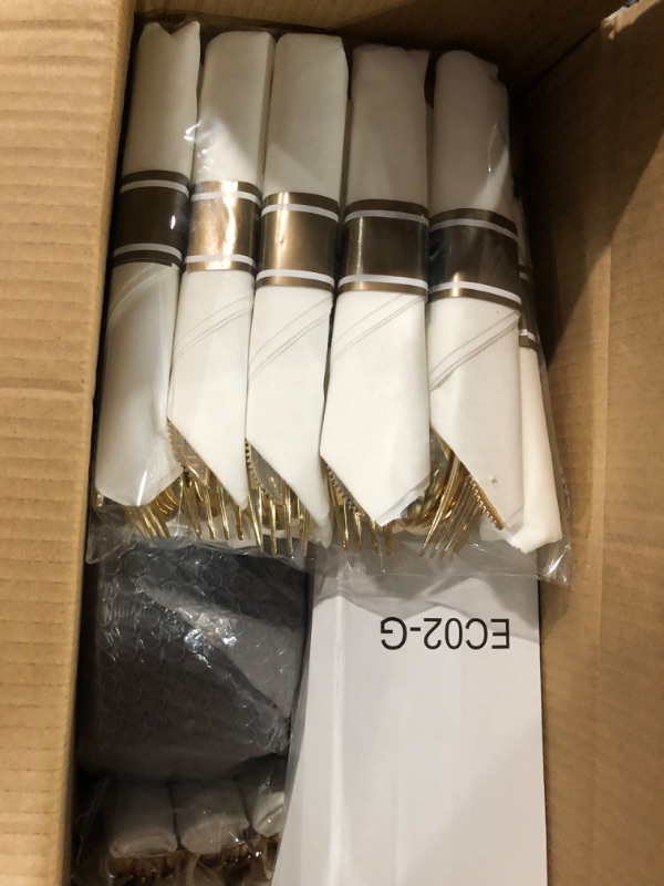 Photo 1 of ***STOCK PHOTO FOR REFERENCE ONLY***COLOSUS 350pcs Clear Plastic Plates Disposable Gold Cutlery Dinnerware set for party: 50 Dinner Plate, 50 Dessert Plate, 50 Per Rolled Napkins with Gold Silverware, 50 Cups 9 OZ for Thanksgiving