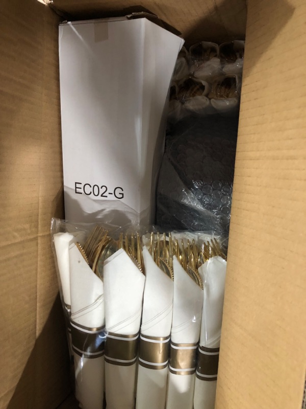 Photo 1 of ***STOCK PHOTO FOR REFERENCE ONLY***COLOSUS 350pcs Clear Plastic Plates Disposable Gold Cutlery Dinnerware set for party: 50 Dinner Plate, 50 Dessert Plate, 50 Per Rolled Napkins with Gold Silverware, 50 Cups 9 OZ for Thanksgiving