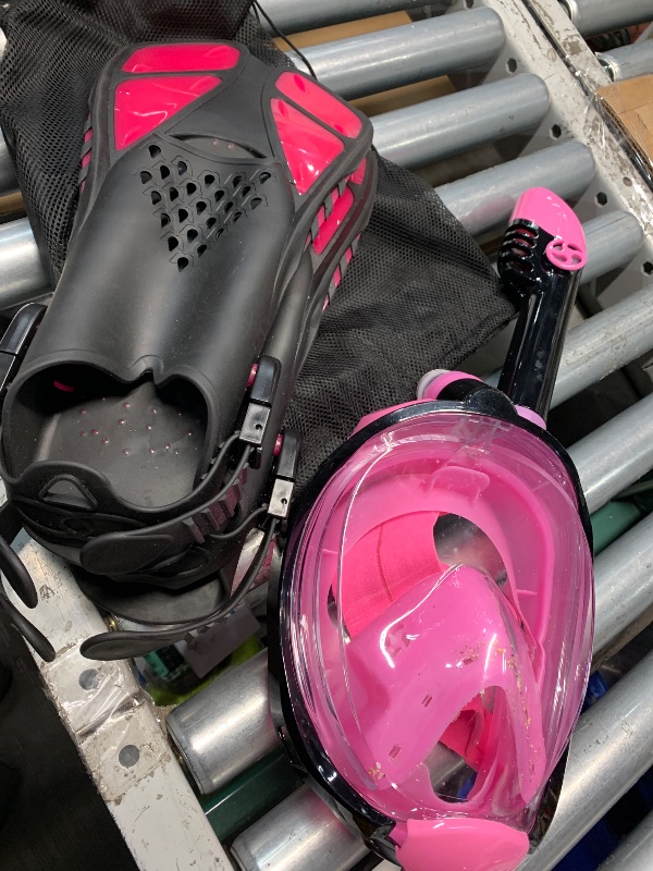View 3 of **SANDY** Viginsul Mask Fins Snorkeling Gear for Adults, Full Face Snorkel Mask & Adjustable Swim Fins Snorkel Set, Panoramic View Snorkel Mask Dry Top Anti-Fog Anti-Leak (Pink, L/XL mask+L/XL fins)