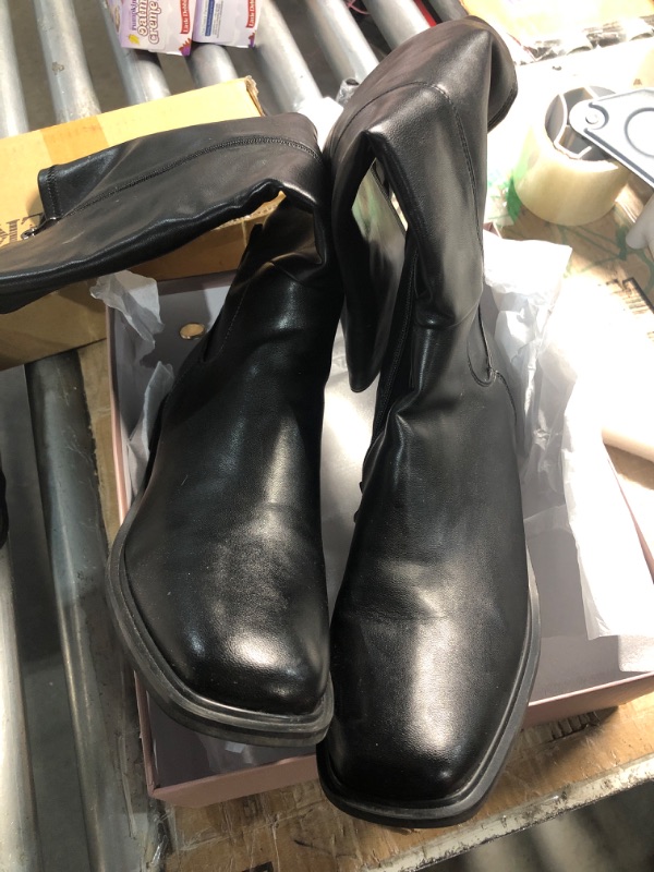 Photo 1 of ***(HEAVILY USED/ MINOR DAMAGE)***QIY Black Boots Women Fall Faux Leather Knee High Boots for Women Riding Dress Square Toe Flat Chunky Block Tall Long Low Heel Boot Size 10