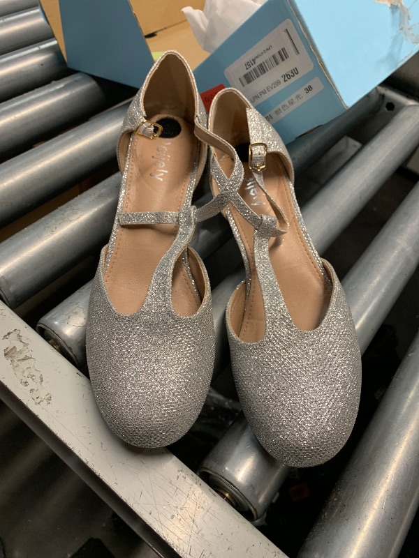 Photo 1 of ***(HEAVILY USED/ MINOR DAMAGE)*** Peijely Womens T Strap Mary Jane Shoes Chunky Block Heel Ankle Strap Buckle Dress Pumps Sparkly Silver 40 - US 9