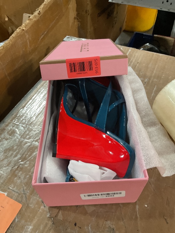 Photo 1 of ***(HEAVILY USED/ MINOR DAMAGE)***CAGLGLZ Wedge Sandals for Women Strappy Wedge Heels Pointed Open Toe Heeled Sandals Buckle Ankle Strap Heels Sexy Wedding Dress Shoes(red,8.5)