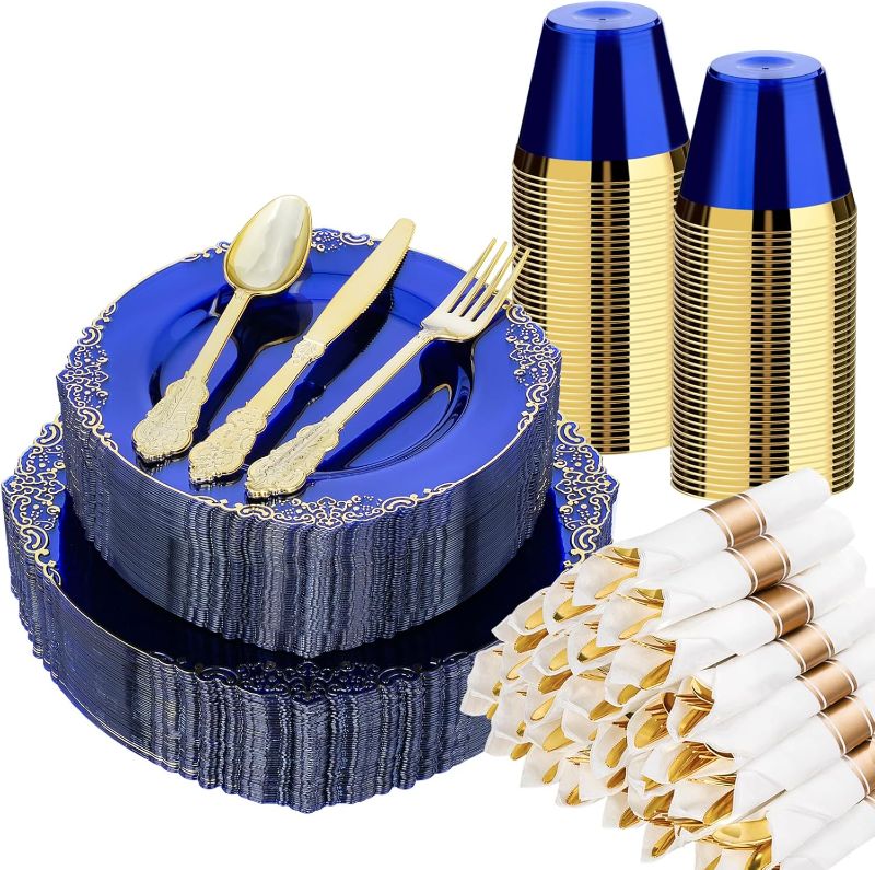 Photo 1 of ***MISSING PARTS***
Bestluck 350 PCS Blue and Gold Plastic Plates, Disposable Dinnerware Set for 50 Guests, 100 Disposable Plates, 150 Silverwares, 50 Cups, 50 Napkins for...