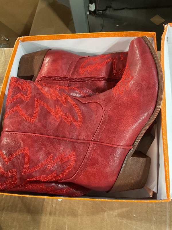 View 3 of ***DAMAGED - SEE NOTES/PICTURES*** Ouepiano Red Cowboy Boots for Women Cowgirl Knee High Boots with Classic Embroidered Pull On & Side Zipper Pointed Toe Chunky Heel Vintage Country Western Boots Size 8