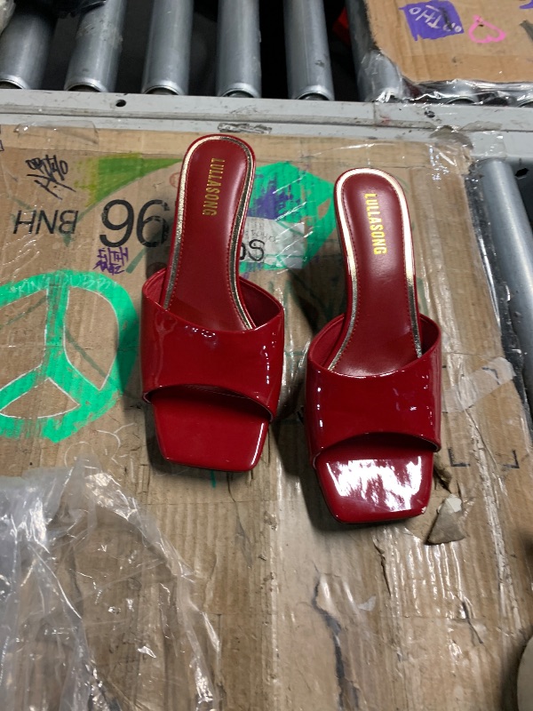 Photo 1 of ***(HEAVILY USED/ MINOR DAMAGE)***LULLASONG RED Kitten Heels Sandals Low Heels Slip On Slides 2 Inch Heeled Square Open Toe Sandals for Women SIZE 8.5