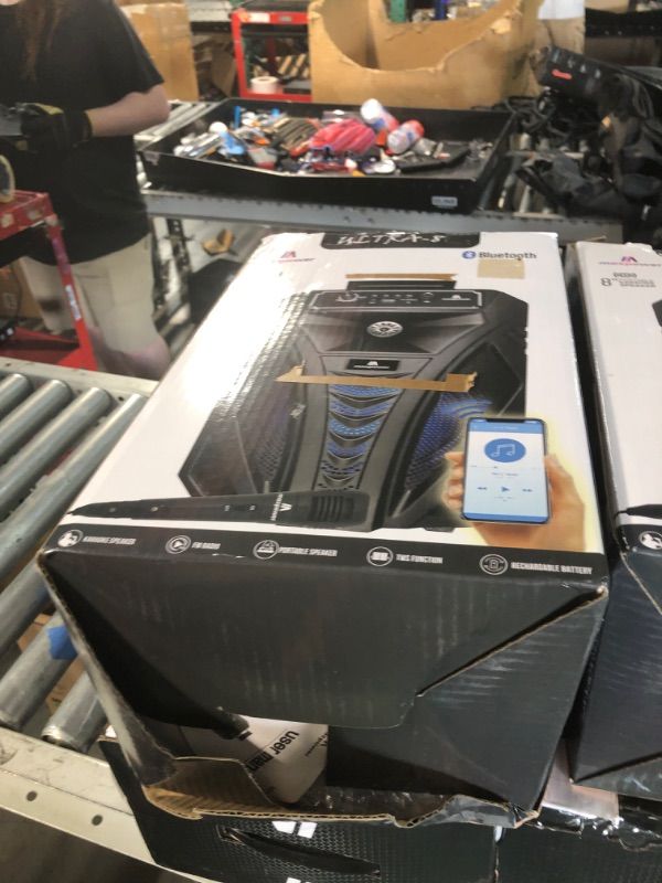 Photo 1 of ***STOCK PHOTO FOR REFERENCE ONLY, MISSING CHARGING CORD AND REMOTE*** 
max power  400W Rechargeable Outdoor Bluetooth Speaker Portable PA System w/ 8” Subwoofer 1” Tweeter, Recording Function, Mic In, Party Lights USB/SD, Radio - Pyle PPHP842B, BLACK