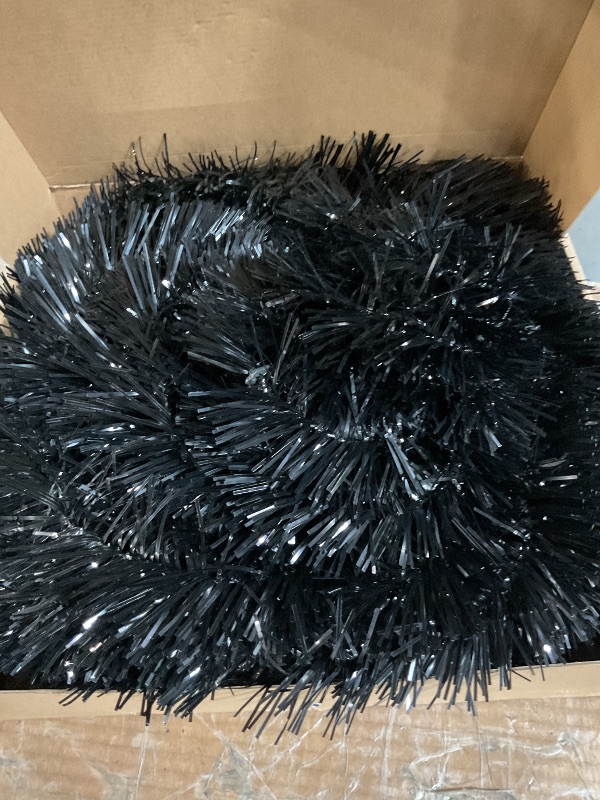 Photo 1 of [Timer& Pumpkin] 5 Ft Black Tinsel Halloween Tree with 50 LED Orange Purple Lights, Pop Up Artificial Pencil Tree with Lantern Topper & 10 Jack-O Pumpkin Balls Ornaments for Halloween Decor Indoor