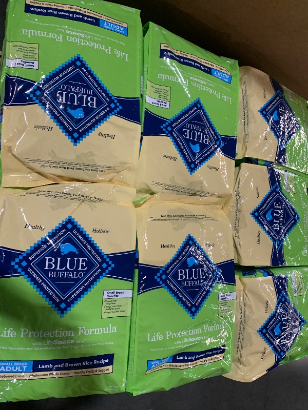 Photo 1 of ****TRUCK/TRAILER PICKUP ONLY**35 BAGS,PALLET OF DOG FOOD***Blue Buffalo Life Protection Formula Adult Small Breed Dry Dog Food, Supports High Energy Needs, Made with Natural Ingredients, Lamb & Brown Rice Recipe,35 X15-lb Bag