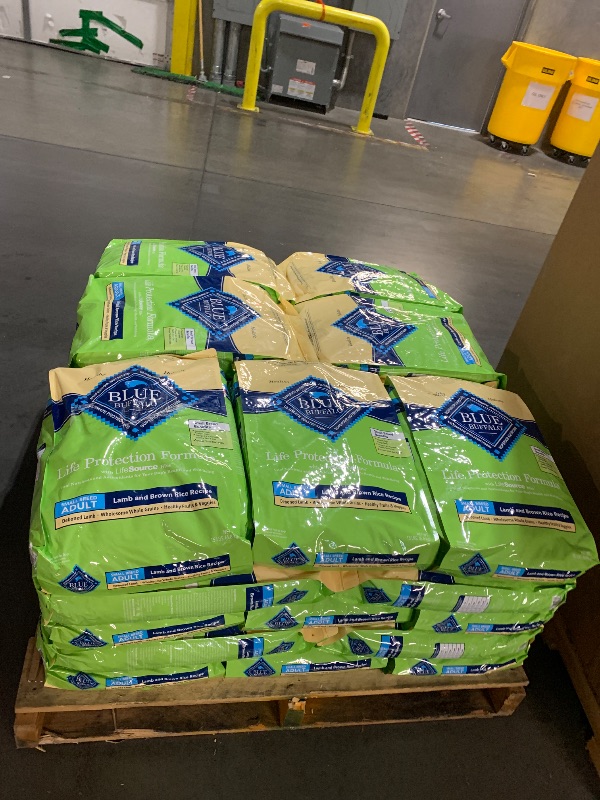 Photo 1 of ****TRUCK/TRAILER PICKUP ONLY**35 BAGS,PALLET OF DOG FOOD***Blue Buffalo Life Protection Formula Adult Small Breed Dry Dog Food, Supports High Energy Needs, Made with Natural Ingredients, Lamb & Brown Rice Recipe,35 X15-lb Bag