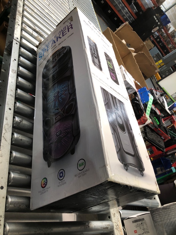 Photo 1 of *******************missing charging cable**********
Pyle Portable Bluetooth PA Speaker System - 600W Rechargeable Outdoor Bluetooth Speaker Portable PA System w/ Dual 8” Subwoofer 1” Tweeter