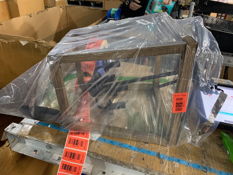 Photo 1 of **********************Missing wiring and chain****************
4 Light Farmhouse Chandelier, Rustic Ceiling Light Lantern Light Fixture with Wood Painted Metal Cage and Adjustable Chain, E12 Base Geometric Hanging Light Fixture for Entryway, Kitchen, Indo