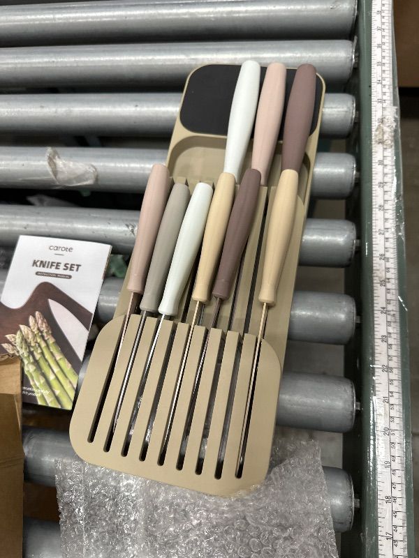 Photo 1 of *** ONLY 9****    CAROTE 10Pcs Kitchen Knife Set, Dishwasher Safe knife set with In-Drawer Knife Block, Drawer Knife Set with Razor-Sharp Blades, 4 Steak Knives, Pink & Khaki