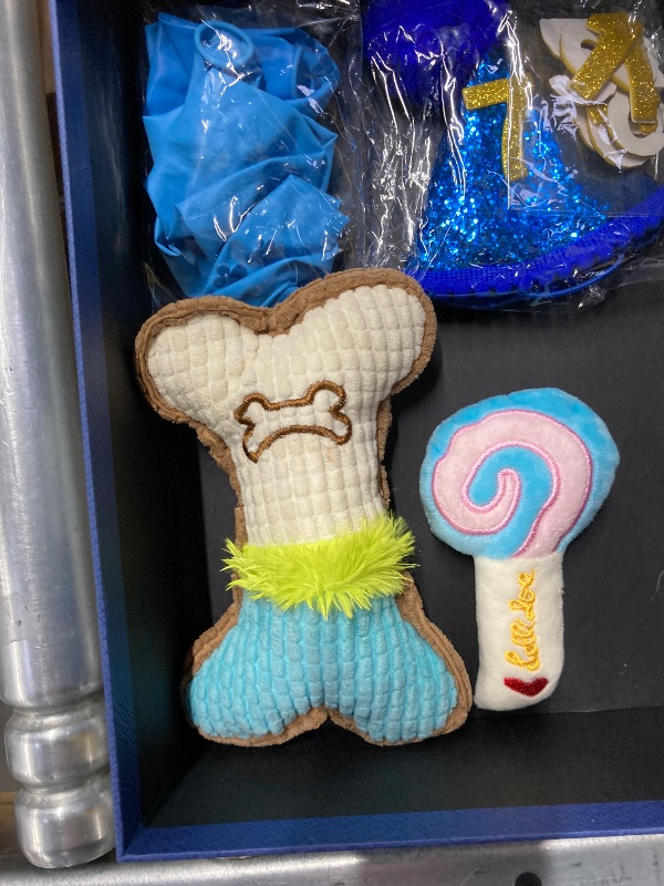 Photo 1 of ***(MISSING PIECES -SELLING AS IS)*** 
Round Funny7 Pcs Dog Birthday Party Supplies Set Birthday Toys Cake Teething Squeak Interactive Decorations with Box for Puppy Small Medium Dog (Blue)