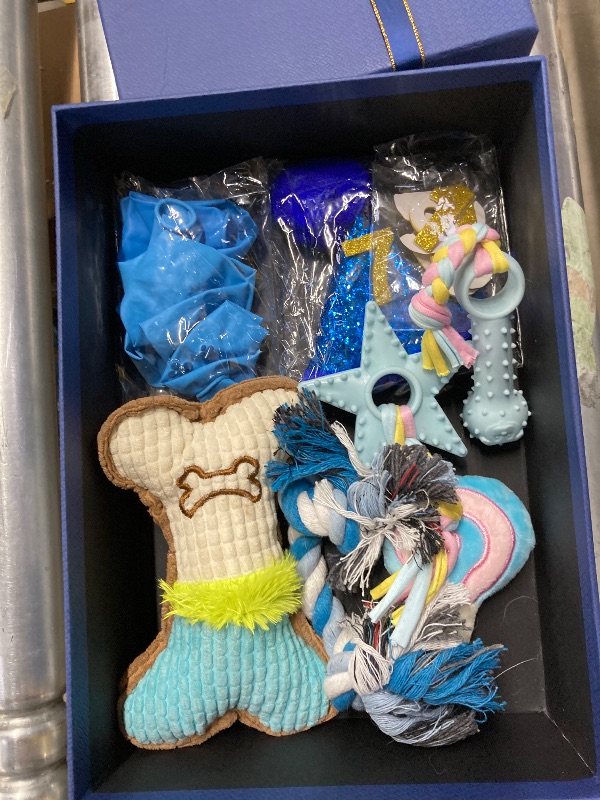 Photo 1 of ***(MISSING PIECES -SELLING AS IS)*** 
Round Funny7 Pcs Dog Birthday Party Supplies Set Birthday Toys Cake Teething Squeak Interactive Decorations with Box for Puppy Small Medium Dog (Blue)