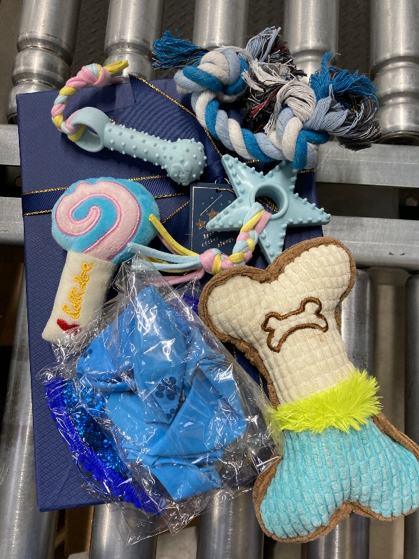 Photo 1 of ***(MISSING PIECES -SELLING AS IS)*** 
Round Funny7 Pcs Dog Birthday Party Supplies Set Birthday Toys Cake Teething Squeak Interactive Decorations with Box for Puppy Small Medium Dog (Blue)
