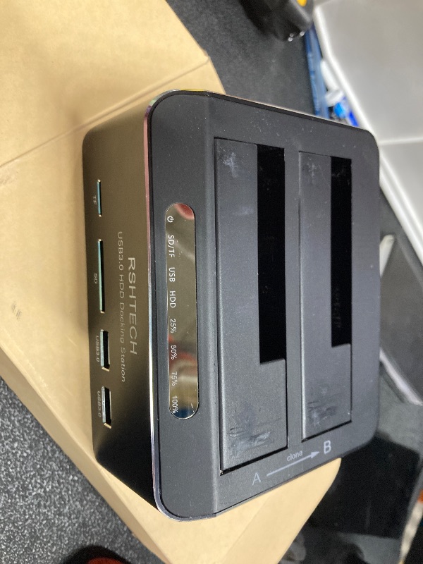 Photo 1 of ***(MISSING POWER CORD)*** Hard Drive Docking Station RSHTECH USB 3.0 Aluminum Dual Bay Hard Drive Dock for 2.5" & 3.5" SATA HDD SSD with SD/Micro SD Card Reader and Offline Clone/Duplicator Function Support 16TB Tool-Free