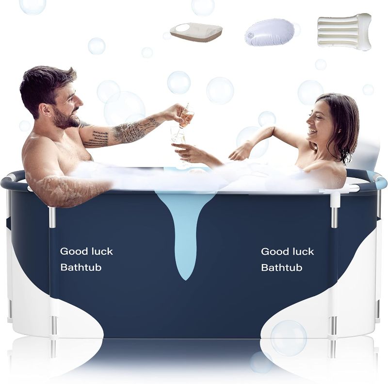 Photo 1 of 53" Extra Large Portable Foldable Bathtub with Metal Frame for Adult, Family SPA Soaking Tub with Cover for Small Bathroom, Thicken Multiple Layer Bathtub with Lid (53" Milk with Metal Frame)