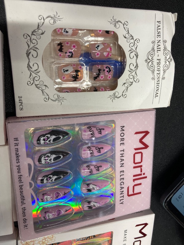 Photo 1 of ***8 PACKS INCLUDED***Morily 24Pcs Handmad Halloween Coffin Press on Nails Medium Length - Black Fake Nails Long Ballerina False Nails with 3D Skull Claws Designs Gloosy Stick on Nails -& VARIOUS OTHER NAILS  Top Coat Added***8 PACKS INCLUDED***