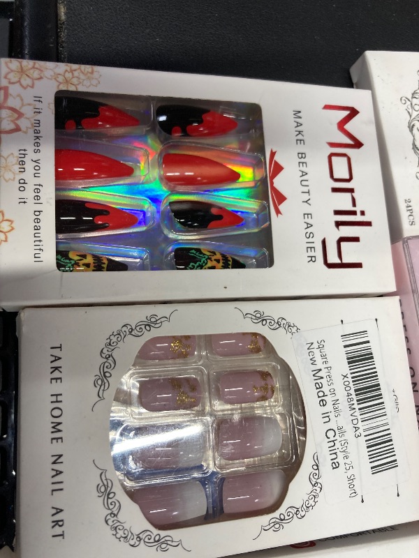 Photo 1 of ***8 PACKS INCLUDED***Morily 24Pcs Handmad Halloween Coffin Press on Nails Medium Length - Black Fake Nails Long Ballerina False Nails with 3D Skull Claws Designs Gloosy Stick on Nails -& VARIOUS OTHER NAILS  Top Coat Added***8 PACKS INCLUDED***