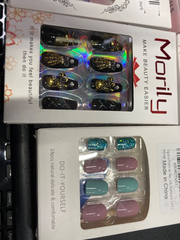 Photo 1 of ***8 PACKS INCLUDED***Morily 24Pcs Handmad Halloween Coffin Press on Nails Medium Length - Black Fake Nails Long Ballerina False Nails with 3D Skull Claws Designs Gloosy Stick on Nails -& VARIOUS OTHER NAILS  Top Coat Added***8 PACKS INCLUDED***