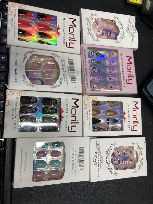 Photo 1 of ***8 PACKS INCLUDED***Morily 24Pcs Handmad Halloween Coffin Press on Nails Medium Length - Black Fake Nails Long Ballerina False Nails with 3D Skull Claws Designs Gloosy Stick on Nails -& VARIOUS OTHER NAILS  Top Coat Added***8 PACKS INCLUDED***