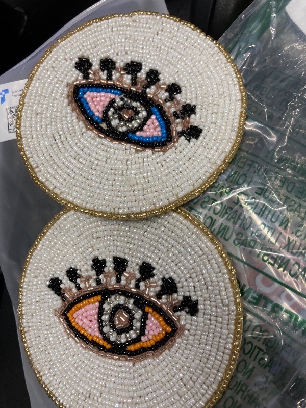 Photo 1 of ***Folkulture Beaded Coasters for Drinks | Set of 2 (4") Round Decorative Bar Coaster for Table Décorations or Coffee Table | Cute Boho Coasters | Set of 2 Evil Eye Decor Gifts for Her