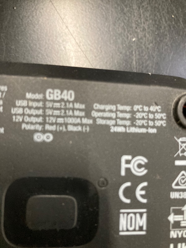 Photo 1 of ***(MISSING PARTS -SELLING AS IS ONLY)*** 
NOCO Boost GB40: 1000A UltraSafe Jump Starter – 12V Lithium Battery Booster Pack, Portable Jump Box, Power Bank - for 6.0L Gas and 3.0L Diesel Engines