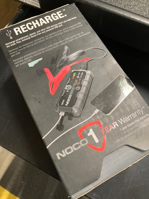 Photo 1 of ***(MISSING PARTS -SELLING AS IS ONLY)*** 
NOCO Boost GB40: 1000A UltraSafe Jump Starter – 12V Lithium Battery Booster Pack, Portable Jump Box, Power Bank - for 6.0L Gas and 3.0L Diesel Engines