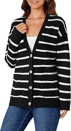 Photo 1 of ***The model may vary***
MEROKEETY Women's 2024 Fall Knit Striped Long Sleeve Sweater Open Front Button Down Cardigan, Black, XL