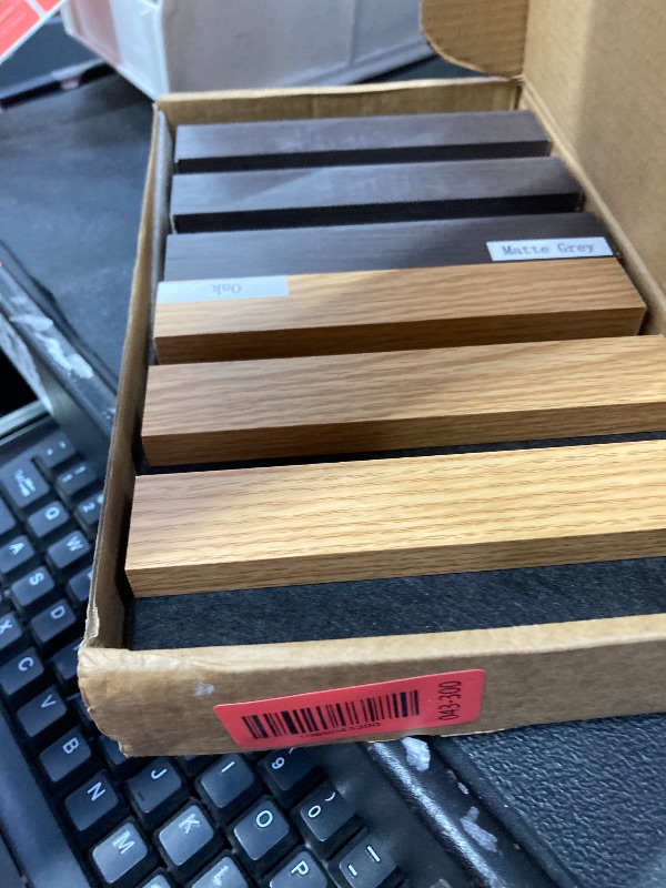 Photo 1 of PCS Wood Slat Acoustic Panels for Stylish Decor and Noise Reduction(Sample Pack of Oak, Walnut Oak, Walnut, Matte Grey)