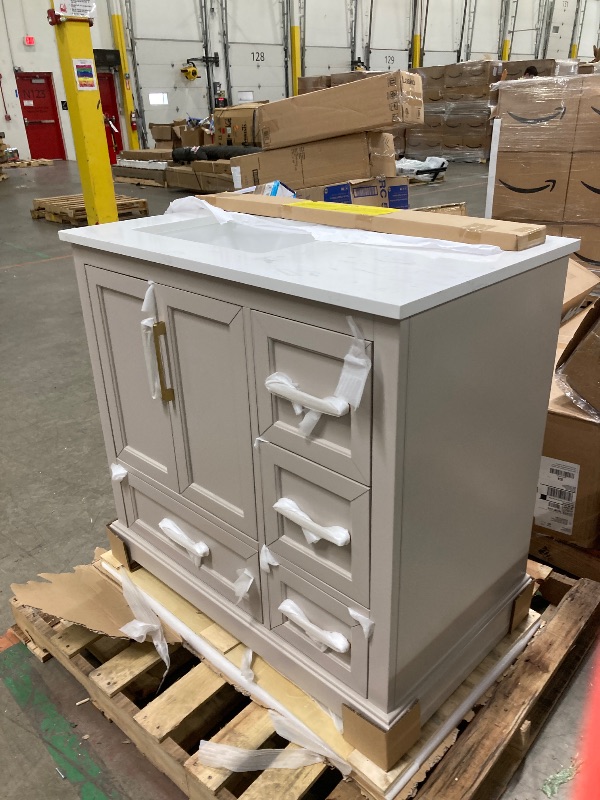 Photo 1 of DELUXE LIVING 36 Inch Bathroom Vanity with Sink Combo, Solid Wood Frame with Mable Top &Backspalsh, Fully-Assembled with Soft-Closing Doors & 4 Drawers, Greige