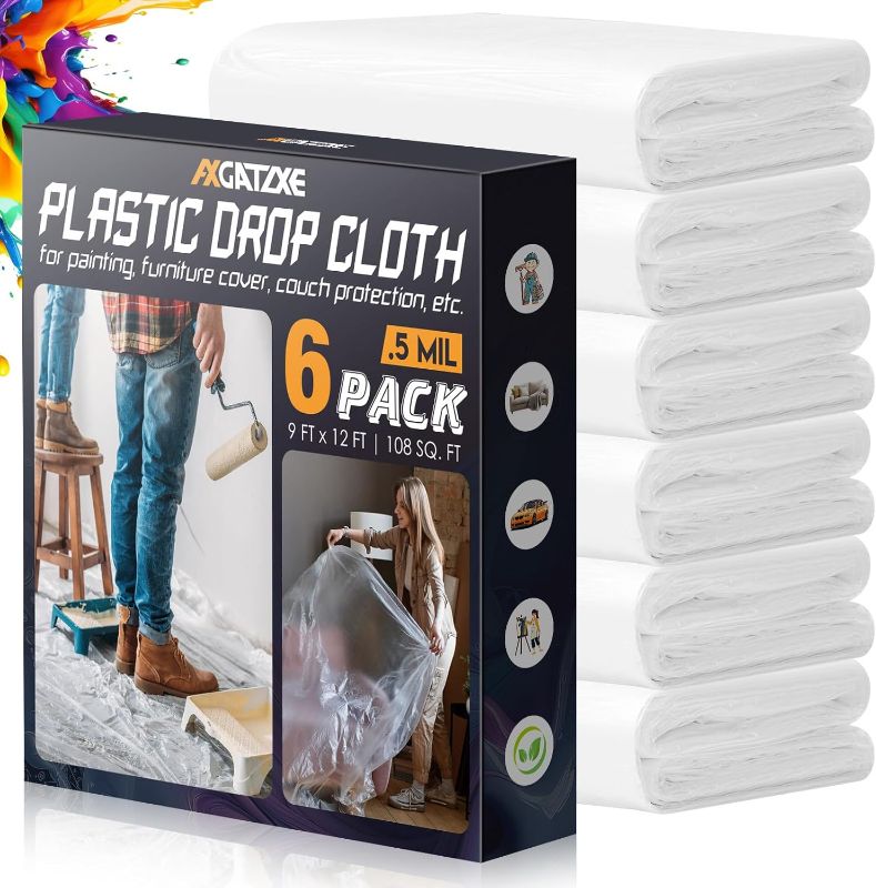 Photo 1 of 12 x 9 Ft Plastic Drop Cloths (6-Pack) - Disposable Painter's Sheeting & Tarps for Painting, Waterproof Furniture/Couch/Floor Protection
Visit the Axgatoxe Store