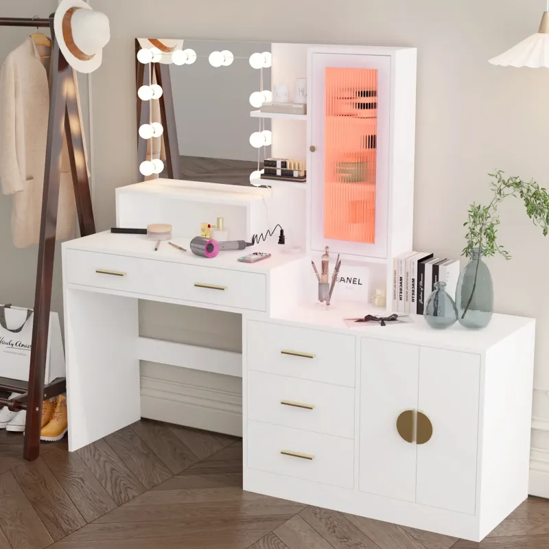 Photo 1 of ***MISSING MIRROR**Ktaxon Makeup Vanity with 4 Drawers&Charging Station, Vanity Table Desk with 3 Color Light, Dressing Table w/ 2 Door Cabinet, White