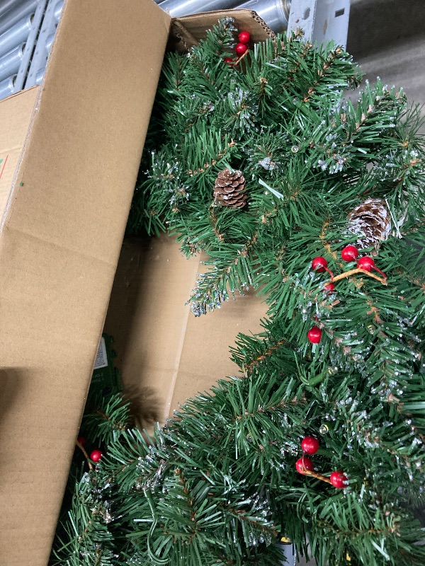 Photo 1 of **LIGHTS DONT WORK**National Tree Company Pre-Lit Artificial Christmas Wreath, Green, Glittery Mountain Spruce, White Lights, Decorated with Pine Cones, Berry Clusters, Frosted Branches, Christmas Collection, 24 Inches