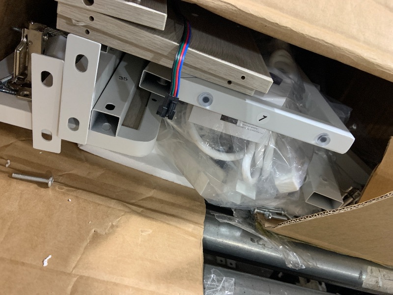 Photo 1 of DWVO King Size Bed Frame with RGB LED Lights & Storage Bookcase Headboard, Upholstered Bed with Charging Station and 4 Drawers, No Box Spring Needed, Easy Assembly, Noise-Free, PU Leather White (Screws may be missing)