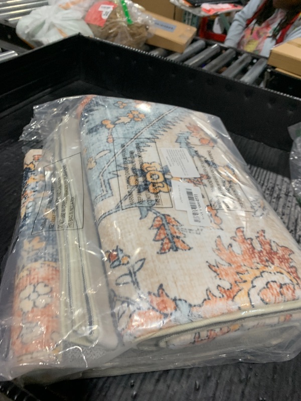 Photo 2 of vivorug 5x7 Area Rugs - Boho Ultra-Thin Washable Rug with Non-Slip Backing, Ideal for Living Room, Bedroom, Kitchen Floor Carpet - Vintage Floral, Easy Clean, Durable, Low Pile Orange/Navy