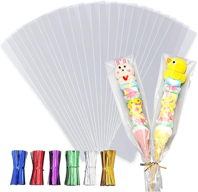 Photo 1 of 100 Pcs Cellophane Treat Bags 2 X 10 Clear Long Flat Gift Wrap Cellophane Bags with 6 Mix Colors Twist Ties Cello Goodie Treat Bags Bakery Party favor Packaging