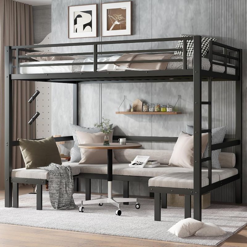 Photo 1 of KEIKI Queen Over Queen Size Metal Bunk Bed with Pull-Out Lower Bunk, 3-Section Convertible Bed to U-Shaped Sofa, Top Bunk Safety Rails, Sturdy Metal Frame, Space-Saving Kids & Teen Bunk Bed, Black
